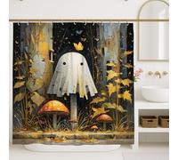 Fanciful Ghost Shower Curtain, Autumn Yellow Mushroom Bathroom Decor, Fall Seasonal Modern Art Waterproof Fabric Shower Curtain with Hooks 72x84 Inch