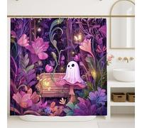 Fanciful Ghost Shower Curtain, Violet Floral Bathroom Decor, Autumn Halloween Modern Art Fabric Shower Curtain with Hooks 72x72 Inch