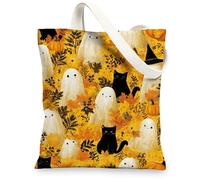 Fanciful Ghosts Canvas Tote Bags, Seasonal Halloween Pattern Reusable Grocery Bags, Lightweight Washable Shoulder Strap Canvas for Shopping Beach Picnic 13x15 Inch