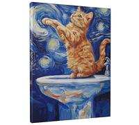 Fanciful Ginger Cat Canvas Wall Art, Vibrant Orange Starry Night Poster Prints, Playful Animal Wall Decor for Living Room, Bedroom, Kid's Room, Wrapped Canvas 12x16 Inch