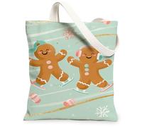 Fanciful Gingerbread Canvas Tote Bags, Cute Holiday Pattern Reusable Bags, Vintage Winter Lightweight Washable Shoulder Strap for Travel Picnic 13x15 Inch