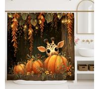 Fanciful Giraffe Shower Curtain, Autumn Orange Pumpkin Farmhouse Decor, Fall Seasonal Cute Cartoon Waterproof Bath Set with Hooks 72x72 Inch