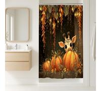 Fanciful Giraffe Shower Curtain, Autumn Orange Pumpkin Farmhouse Decor, Fall Seasonal Cute Cartoon Waterproof Bath Set with Hooks 36x72 Inch