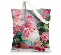 Fanciful Gnome Canvas Tote Bags, Cute Floral Art Design Reusable Shopping Bags, Lightweight Washable Eco-Friendly Canvas Ba, Peach, 13x15 Inch