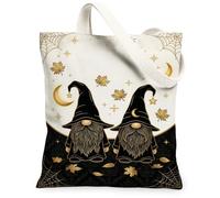 Fanciful Gnome Celestial Autumn Halloween Canvas Tote Bag 13x15 Inch | Fanciful Gnome Illustration, Celestial Moon And Stars, Golden Maple Leaf Accents, Spooky Spider Web Motifs