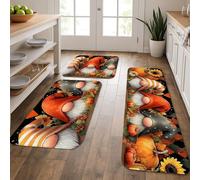 Fanciful Gnome Kitchen Mats for Floor, Orange and Black Cozy Mats, Cushioned Comfort Washable Non Slip Decor Rugs for Kitchen Sinks Laundry Room Bathroom 3Pcs