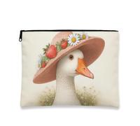 Fanciful Goose Makeup Bag, Vintage Floral Cosmetic Travel Pouch for Women, Portable Small Canvas Zipper Organizer, Summer Toiletry Bag, White, 7x9 Inch, Goose