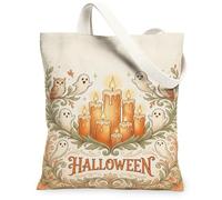 Fanciful Halloween Candles And Ghosts Canvas Tote Bag 13x15 Inch | Glowing Candles, Fanciful Ghosts, Ornate Botanical Foliage, Vintage Style, Cozy Autumn Aesthetic, Seasonal Home Accents