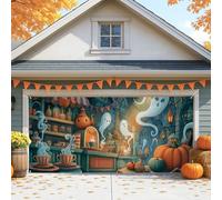 Fanciful Halloween Garage Door Cover, Orange Vintage Ghosts and Pumpkins Large Garage Door Decorations, Fall Indoor and Outdoor Party Background Decor 157x71 Inch