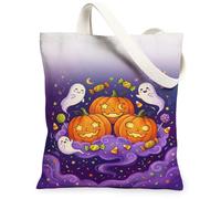 Fanciful Halloween Jack-o'-lantern Ghost Canvas Tote Bag 13x15 Inch | Friendly Ghost Illustration, Fanciful Fall Aesthetic, Spooky Season Charm, Autumn Candy Motifs, Vibrant Violet Gradient