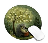 Fanciful Hedgehog Reading Mouse Pad, Soft Green Nature Print, Spring Inspired Animal Design, Cute Home and Office Desk Accessory, Non-Slip Comfortable Gaming Mousepad Round 8x8 Inch