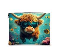 Fanciful Highland Cow Cosmetic Bag, Underwater Adventure Travel Makeup Pouch for Women, Portable Canvas Zipper Pouch, Seasonal Holiday Gift Organizer, Brown, 7x9 Inch, Cow