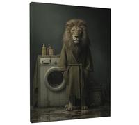 Fanciful Lion Bath Canvas Wall Art, Green Brown Animal Decor, Funny Bath Wall Art for Living Room, Bedroom, Bathroom, Dorm, Wrapped Canvas 16x20 Inch