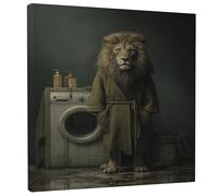 Fanciful Lion Bath Canvas Wall Art, Green Brown Animal Decor, Funny Bath Wall Art for Living Room, Bedroom, Bathroom, Dorm, Wrapped Canvas 12x12 Inch