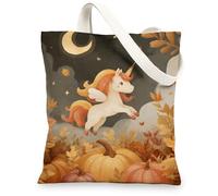 Fanciful Magical Horse Canvas Tote Bags, Vintage Autumn Pattern Reusable Shoulder Bags for Shopping, Travel, Beach, Orange, 13x15 Inch