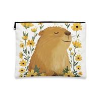 Fanciful Makeup Bag, Cute Animal Floral Cosmetic Travel Pouch for Women, Portable Small Canvas Zipper Organizer, Gift for Spring and Summer, Yellow, 7x9 Inch