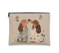 Fanciful Makeup Bag, Cute Dogs Floral Cosmetic Travel Pouch for Women, Portable Small Canvas Zipper Organizer, Gift for Animal Lovers, Beige, 7x9 Inch, Bag