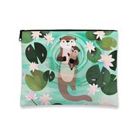 Fanciful Makeup Bag, Cute Otter and Lily Pad Cosmetic Travel Pouch for Women, Portable Small Canvas Zipper Organizer, for Birthdays and Spring Festivals, Green, 7x9 Inch, Otter