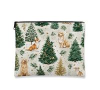 Fanciful Makeup Bag, Dogs and Trees Pattern Cosmetic Travel Pouch for Women, Portable Small Canvas Zipper Organizer, Holiday Skincare Toiletry Bag, Cream, 7x9 Inch, Dogs