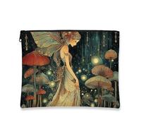 Fanciful Makeup Bag, Ethereal Fairy Mushroom Pattern Cosmetic Travel Bags for Women, Portable Small Canvas Zipper Pouch, Enchanted Forest Gift Skincare Toiletry Bag Organizer, green, 7x9 Inch