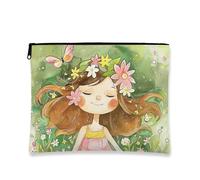 Fanciful Makeup Bag, Floral Design Cute Cosmetic Travel Pouch for Women, Portable Small Canvas Zipper Organizer, Spring Gift Toiletry Bag, Green, 7x9 Inch, Bag