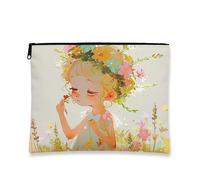 Fanciful Makeup Bag, Floral Girl Design Portable Small Canvas Zipper Pouch for Women, Travel Toiletry Organizer, Spring Festival Gift, Beige, 7x9 Inch, Pouch