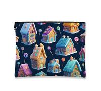 Fanciful Makeup Bag, Gingerbread Houses Pattern Cosmetic Travel Pouch for Women, Portable Small Canvas Zipper Organizer, Holiday Skincare Toiletry Bag, Blue, 7x9 Inch, House