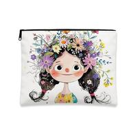 Fanciful Makeup Bag, Girl with Floral Hair Cute Cosmetic Travel Pouch for Women, Portable Small Canvas Zipper Organizer, Spring Gift Skincare Toiletry Bag, White, 7x9 Inch, Girl