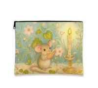 Fanciful Makeup Bag, Light Blue Floral Mouse Design Cosmetic Travel Pouch for Women, Portable Small Canvas Zipper Organizer, Gift for All Seasons, Light Blue, 7x9 Inch, Mouse