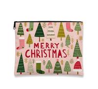 Fanciful Makeup Bag, Merry Christmas Tree Cosmetic Travel Pouch for Women, Portable Small Canvas Zipper Organizer, Holiday Toiletry Bag, Peach, 7x9 Inch, Christmas