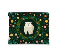 Fanciful Makeup Bag, Polar Bear Holiday Cosmetic Travel Pouch for Women, Portable Small Canvas Zipper Organizer, Christmas Skincare Toiletry Bag, Green, 7x9 Inch, Bear