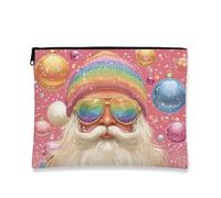 Fanciful Makeup Bag, Rainbow Santa Design Cosmetic Travel Pouch for Women, Portable Small Canvas Zipper Organizer, Holiday Skincare Toiletry Bag 7x9 Inch