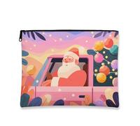 Fanciful Makeup Bag, Santa in Peach Truck Cosmetic Travel Pouch for Women, Portable Small Canvas Zipper Organizer, Holiday Skincare Toiletry Bag, Peach, 7x9 Inch, Santa