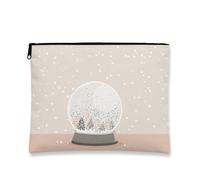 Fanciful Makeup Bag, Snow Globe Design Cosmetic Travel Pouch for Women, Portable Small Canvas Zipper Organizer, Holiday Skincare Toiletry Bag, Beige, 7x9 Inch, Snow Globe