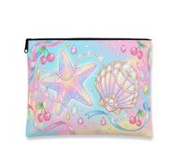 Fanciful Makeup Bag, Starfish and Shell Pattern Cosmetic Pouch for Women, Portable Canvas Zipper Organizer, Summer Travel Toiletry Bag, Peach, 7x9 Inch, Starfish