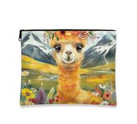 Fanciful Makeup Bag, Yellow Alpaca Floral Cosmetic Travel Pouch for Women, Portable Small Canvas Zipper Organizer, Festival Gift Toiletry Bag, Yellow, 7x9 Inch