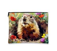 Fanciful Makeup Pouch, Playful Woodchuck Floral Cosmetic Bag for Women, Portable Small Canvas Zipper Organizer, Nature-Themed Travel Essentials for Spring Fairs, Multicolor, 7x9 Inch, Woodchuck