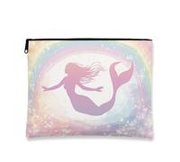 Fanciful Mermaid Makeup Bag, Dreamy Rainbow Cosmetic Travel Pouch for Women, Portable Small Canvas Zipper Organizer, Summer Skincare Toiletry Bag, Peach, 7x9 Inch, Mermaid