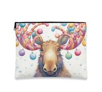 Fanciful Moose Makeup Bag, Colorful Holiday Cosmetic Travel Pouch for Women, Portable Small Zipper Organizer, Winter Skincare Toiletry Bag 7x9 Inch