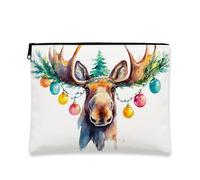Fanciful Moose Makeup Bag, Festive Animal Cosmetic Travel Pouch for Women, Portable Canvas Zipper Organizer, Winter Holiday Toiletry Bag 7x9 Inch