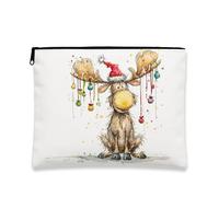 Fanciful Moose Makeup Bag, Festive Holiday Cosmetic Pouch for Women, Portable Canvas Zipper Organizer, Christmas Skincare Toiletry Bag 7x9 Inch
