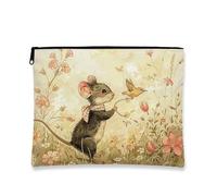 Fanciful Mouse Makeup Bag, Vintage Floral Cosmetic Travel Pouch for Women, Portable Small Canvas Zipper Organizer, Spring Festival Gift Toiletry Bag, Beige, 7x9 Inch, Mouse