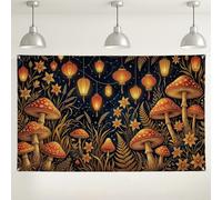 Fanciful Mushroom Forest Art Backdrop Banner 71x43 Inch | Glowing Paper Lanterns, Photography Backdrop, Botanical Forest Floor, Starry Night Skyline, Fanciful Woodland Art
