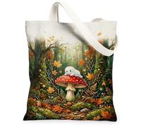 Fanciful Mushroom Forest Autumn Art Canvas Tote Bag 13x15 Inch | Fanciful Forest Illustration, Cozy Rustic Aesthetic, Seasonal Fall Foliage, Enchanting Woodland Creature