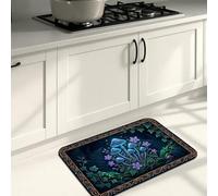 Fanciful Mushroom Kitchen Mats for Floor, Artistic Dark Blue Soft Mats, Fall Cushioned Comfort Washable Decor Rugs for Kitchen Sinks Laundryroom Bathroom 16x24 Inch