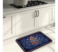 Fanciful Mushroom Kitchen Mats for Floor, Dark Blue Floral Soft Mats, Fall Cushioned Comfort Washable Decor Rugs for Kitchen Sinks Laundryroom Bathroom 16x24 Inch
