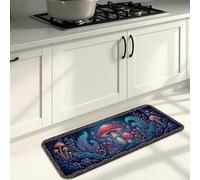 Fanciful Mushroom Kitchen Mats for Floor, Dark Blue Floral Soft Mats, Fall Cushioned Comfort Washable Decor Rugs for Kitchen Sinks Laundryroom Bathroom 16x47 Inch