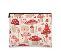 Fanciful Mushroom Makeup Bag, Floral Heart Pattern Cosmetic Pouch for Women, Portable Canvas Zipper Organizer, Valentine'S Day Travel Toiletry Bag 7x9 Inch