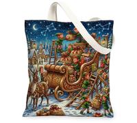 Fanciful North Pole Faerie Sleigh Christmas Elves Canvas Tote Bag 13x15 Inch, Blue, 13x15 Inch