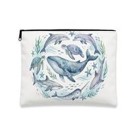 Fanciful Ocean Life Makeup Bag, Artistic Sea Creature Cosmetic Travel Pouch for Women, Portable Canvas Zipper Organizer, Blue, 7x9 Inch, Ocean Life